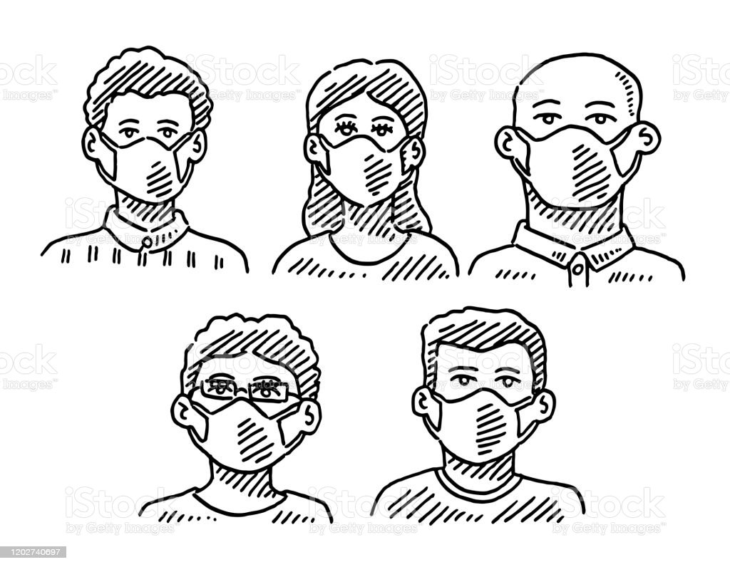 Hand-drawn vector drawing of a Group Of People Wearing A Face Mask. Black-and-White sketch on a transparent background (.eps-file). Included files are EPS (v10) and Hi-Res JPG.